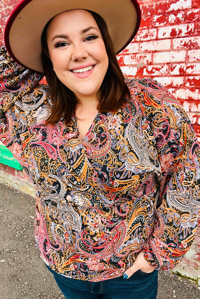 Haptics Black & Rust Paisley Surplice Peplum Top Haptics