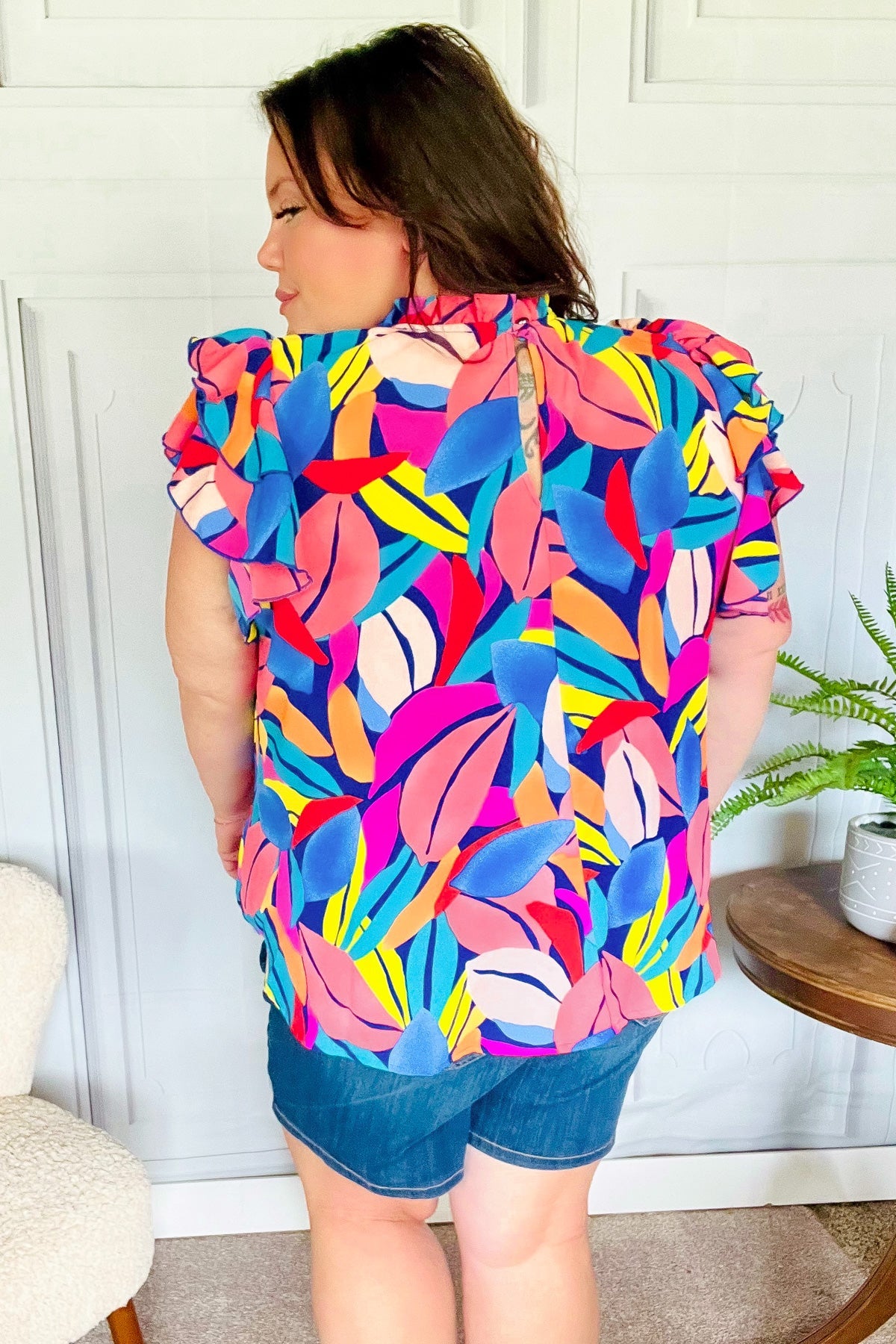 Haptics Tropical Vibes Blue & Pink Mock Neck Flutter Sleeve Top Final Sale Haptics