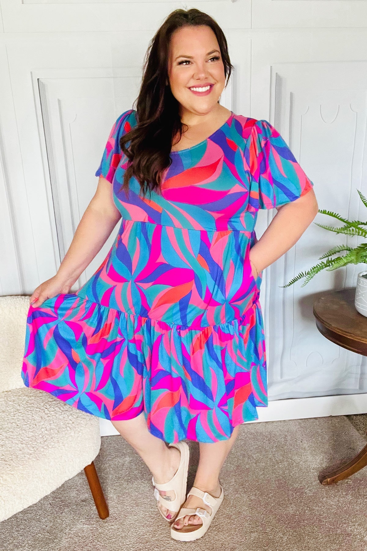 Haptics Remember Me Blue & Fuchsia Geo Print V Neck Dress