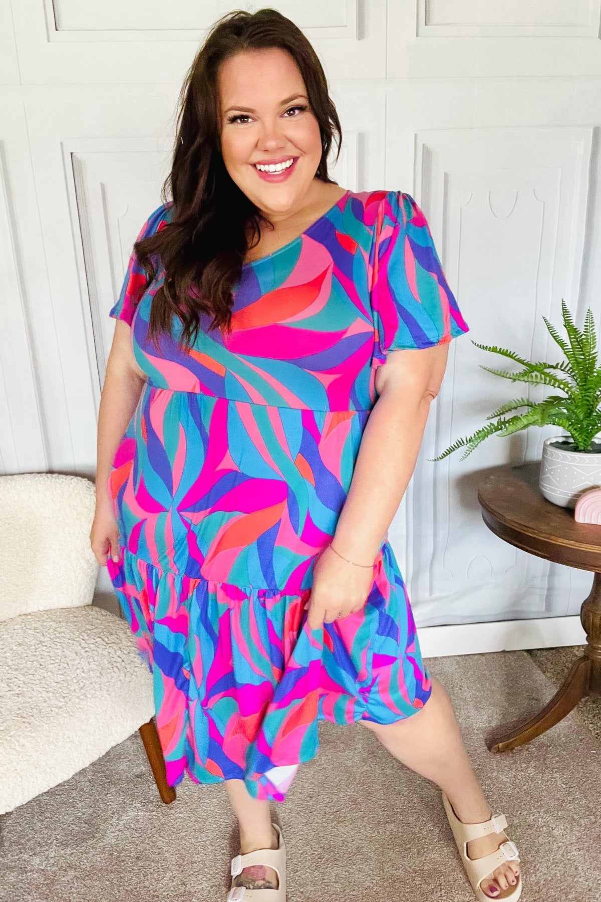 Haptics Remember Me Blue & Fuchsia Geo Print V Neck Dress