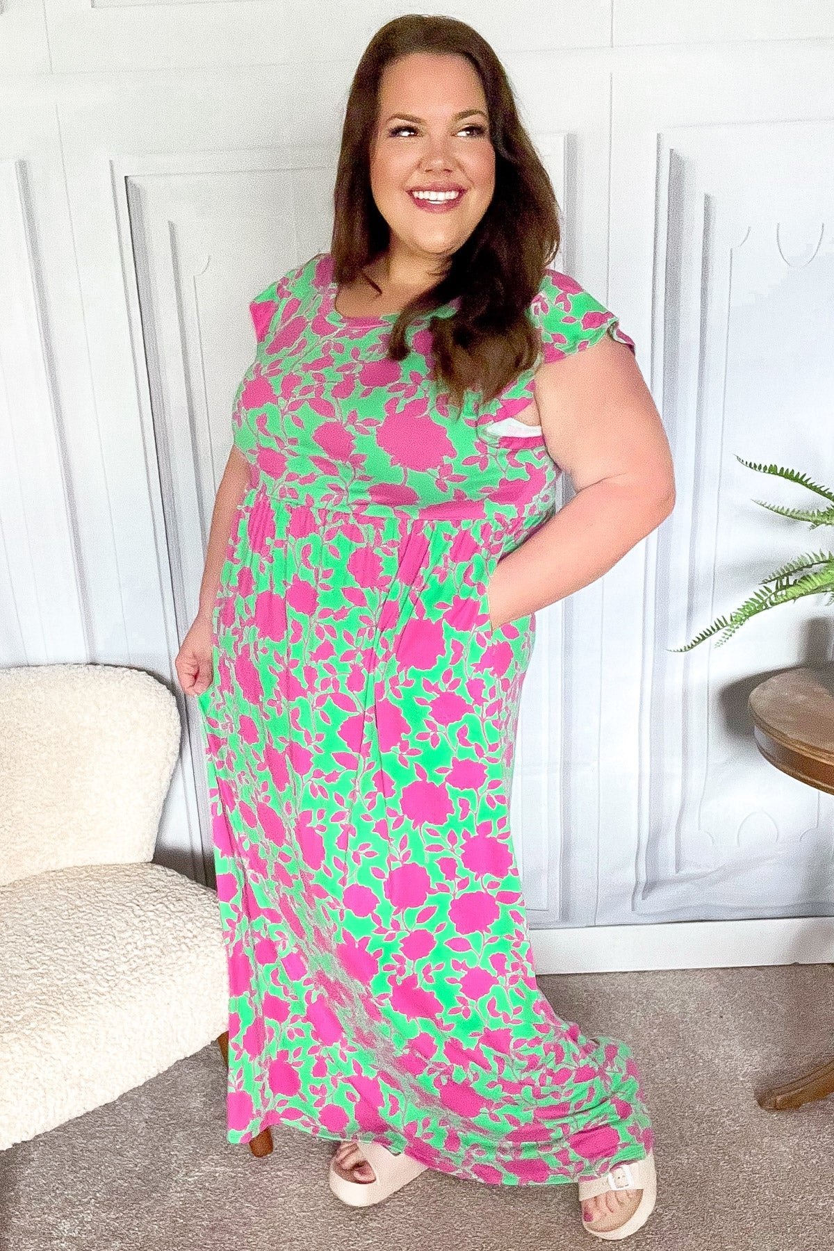 Haptics Stand Out Green & Fuchsia Floral Fit & Flare Maxi Dress Haptics