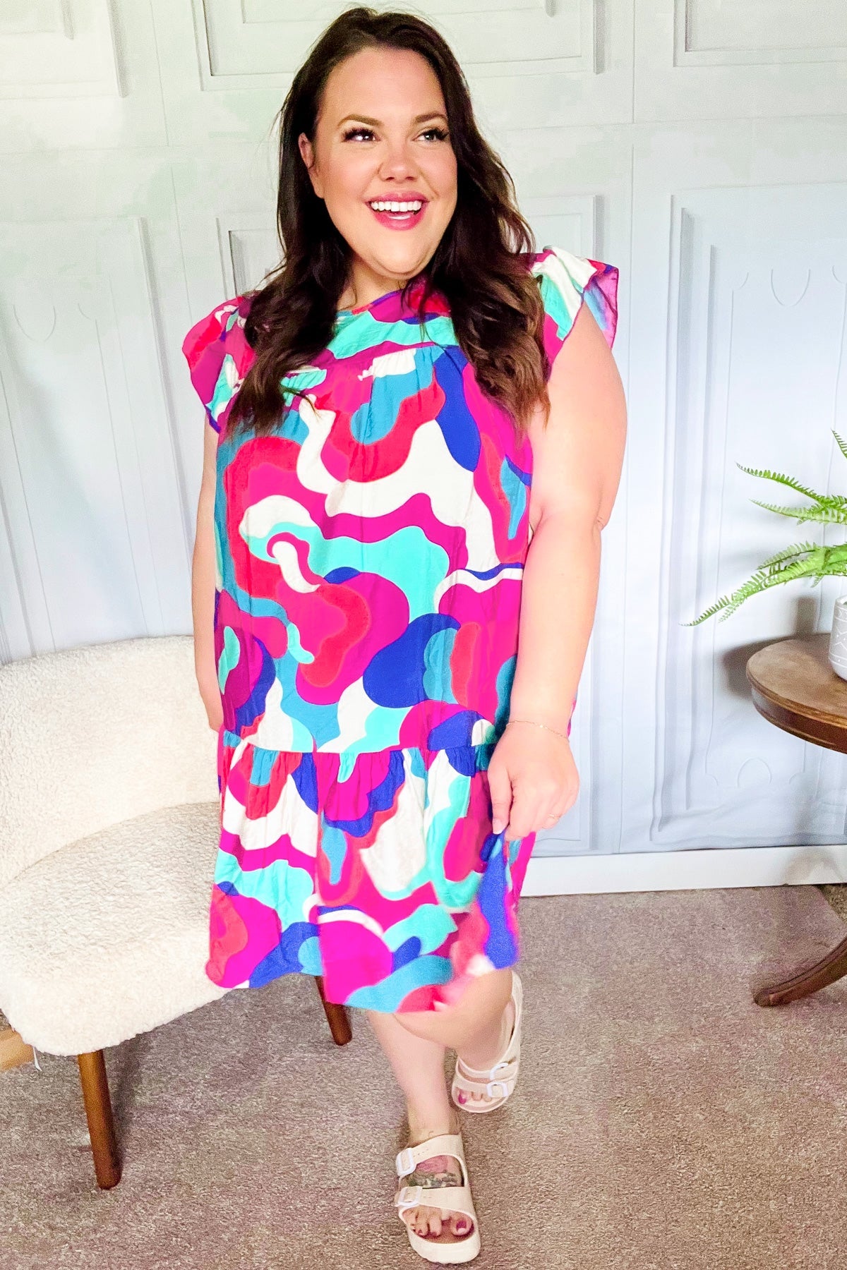 Haptics Go For Fun Fuchsia Geo Print Tiered Ruffle Sleeve Woven Dress