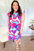 Haptics Go For Fun Fuchsia Geo Print Tiered Ruffle Sleeve Woven Dress