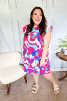 Haptics Go For Fun Fuchsia Geo Print Tiered Ruffle Sleeve Woven Dress