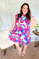Haptics Go For Fun Fuchsia Geo Print Tiered Ruffle Sleeve Woven Dress