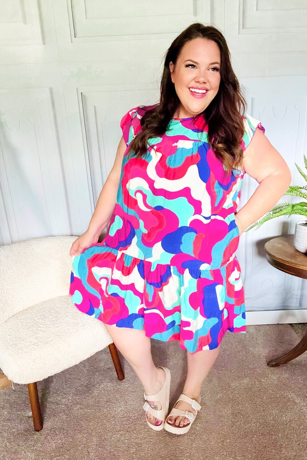 Haptics Go For Fun Fuchsia Geo Print Tiered Ruffle Sleeve Woven Dress