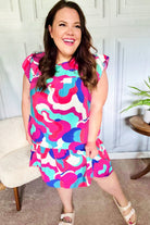 Haptics Go For Fun Fuchsia Geo Print Tiered Ruffle Sleeve Woven Dress