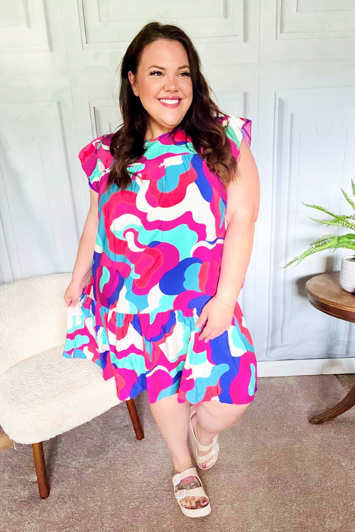 Haptics Go For Fun Fuchsia Geo Print Tiered Ruffle Sleeve Woven Dress