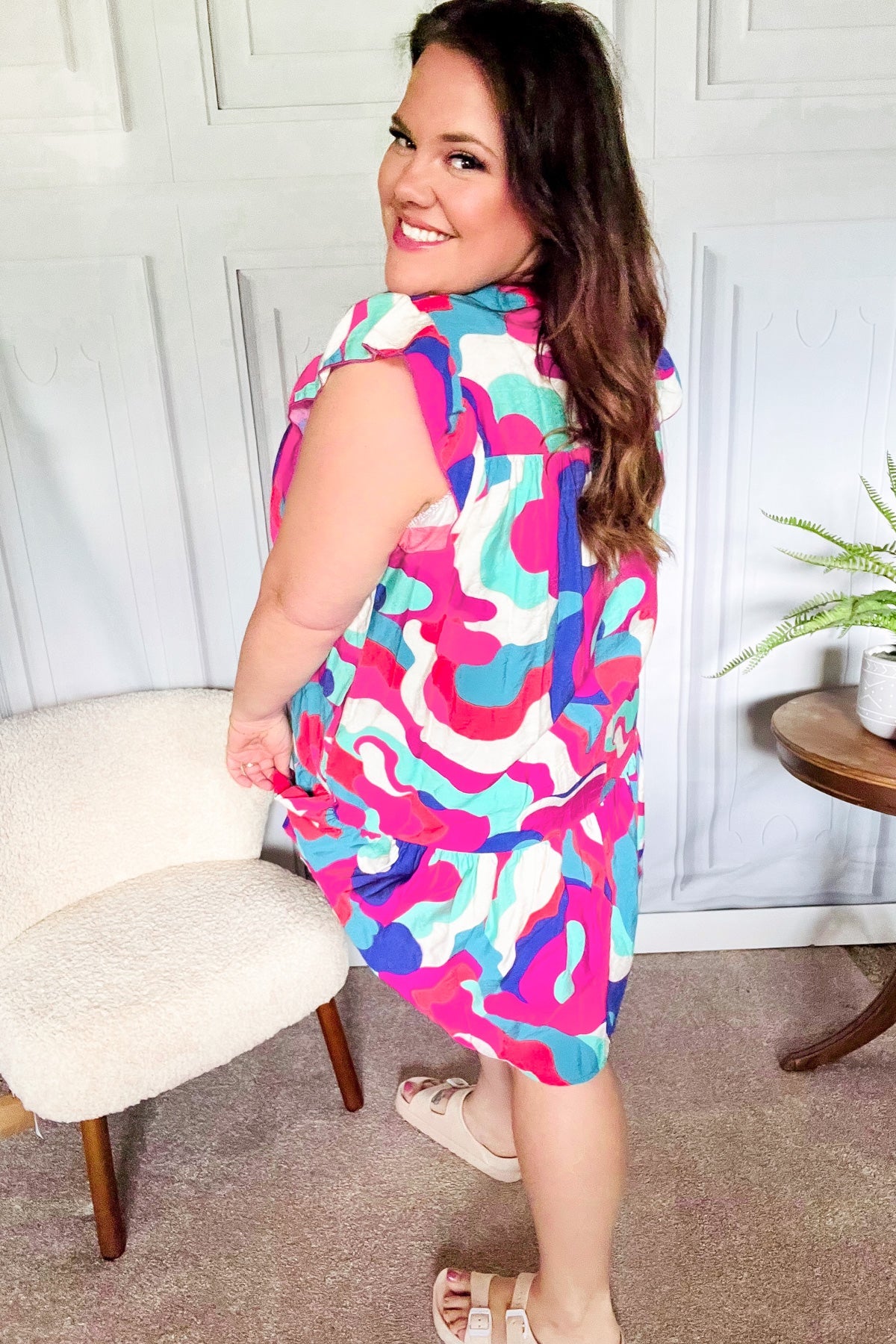 Haptics Go For Fun Fuchsia Geo Print Tiered Ruffle Sleeve Woven Dress