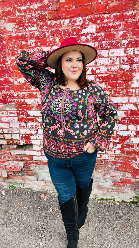 Haptics Black & Mauve Border Print Keyhole Tie Top Haptics