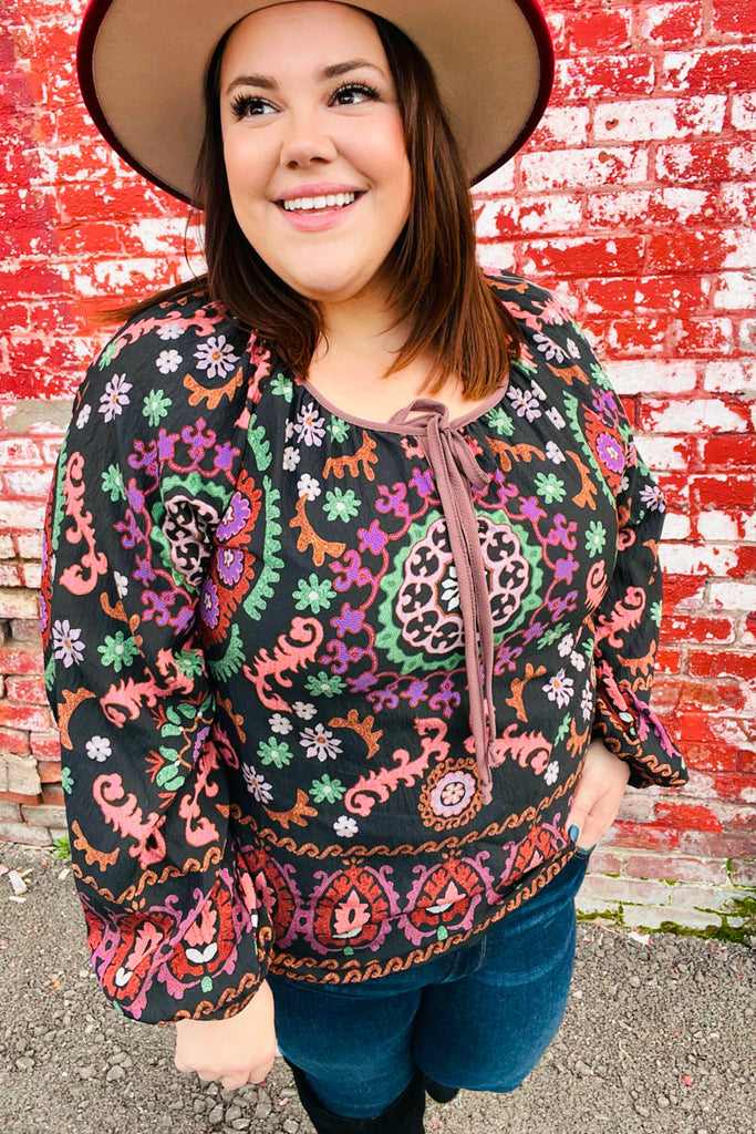 Haptics Black & Mauve Border Print Keyhole Tie Top Haptics