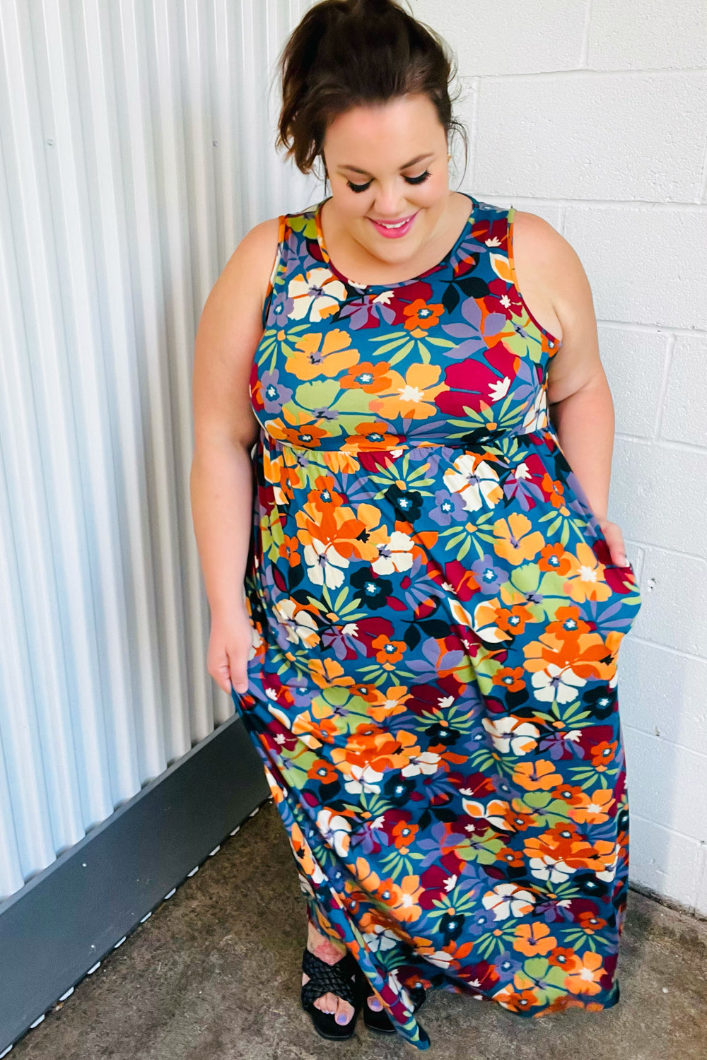 Haptics Teal & Maroon Flat Floral Fit and Flare Sleeveless Maxi Dress