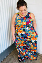 Haptics Teal & Maroon Flat Floral Fit and Flare Sleeveless Maxi Dress