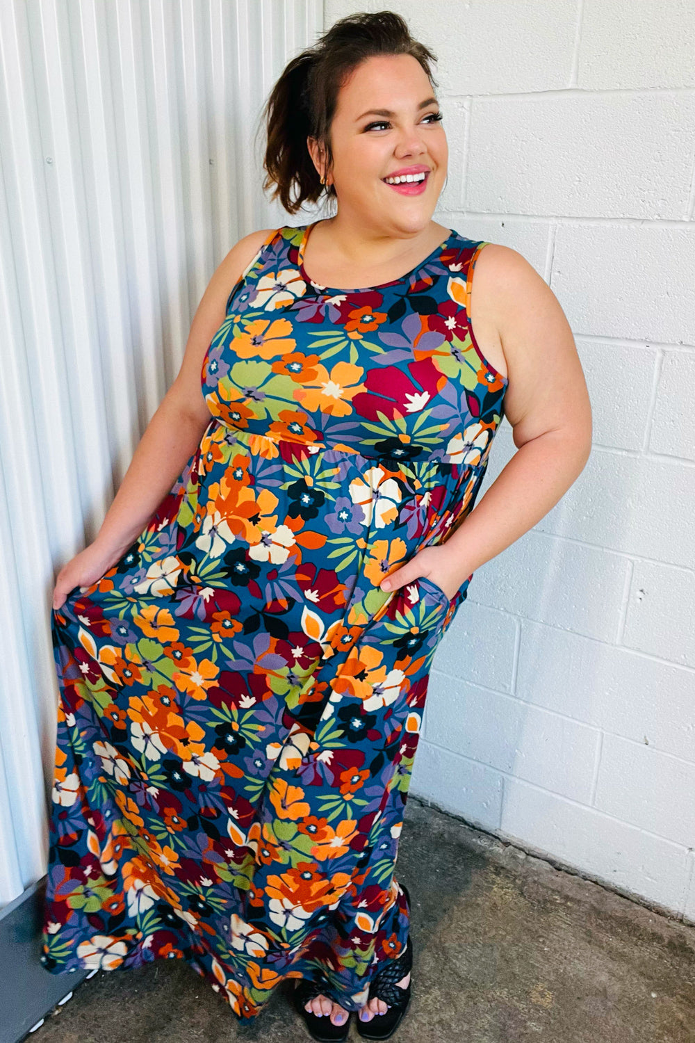 Haptics Teal & Maroon Flat Floral Fit and Flare Sleeveless Maxi Dress