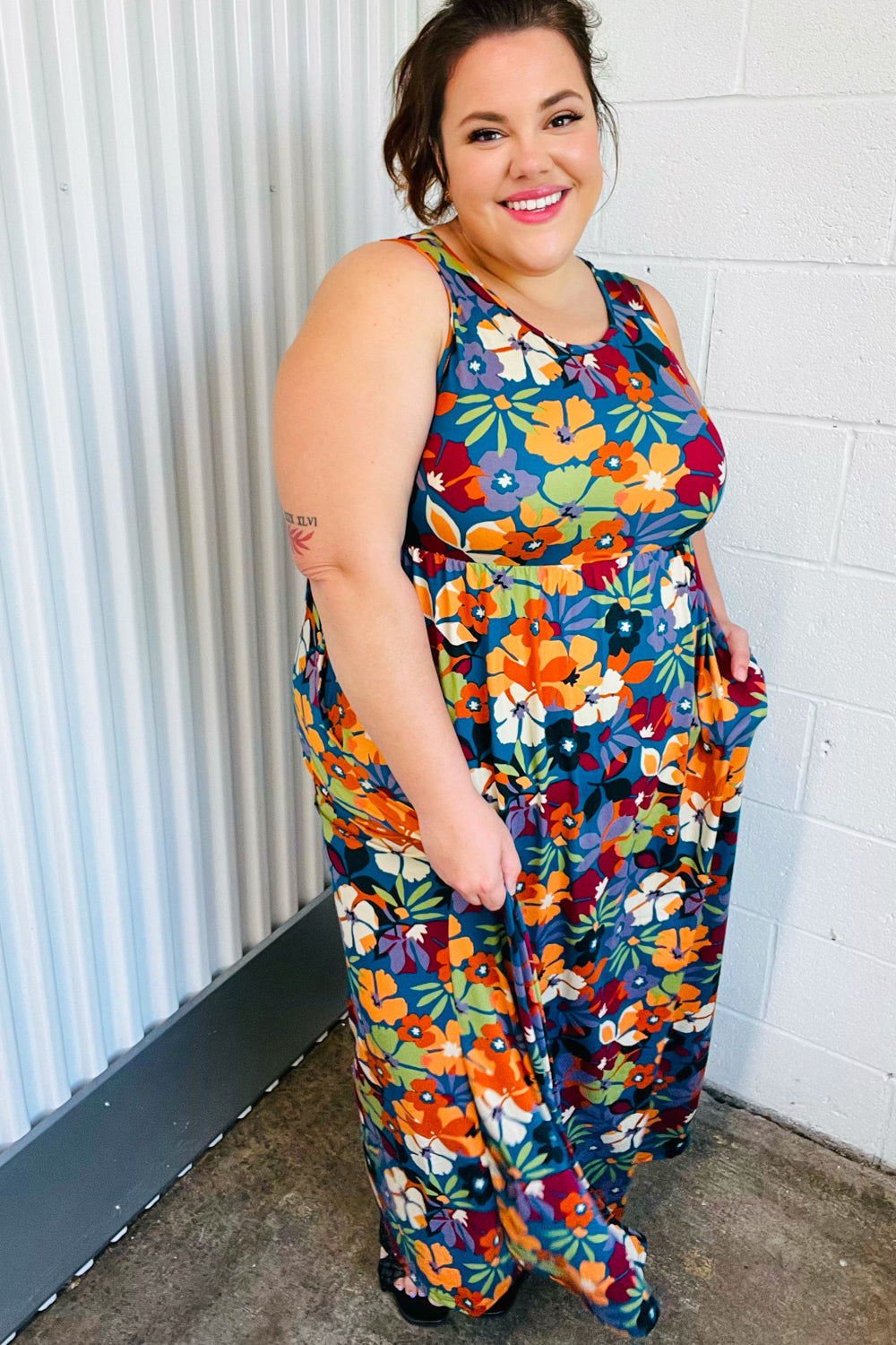 Haptics Teal & Maroon Flat Floral Fit and Flare Sleeveless Maxi Dress