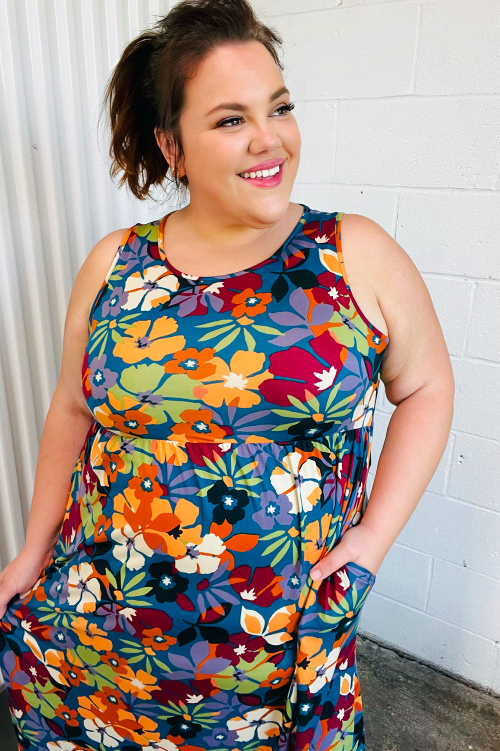 Haptics Teal & Maroon Flat Floral Fit and Flare Sleeveless Maxi Dress