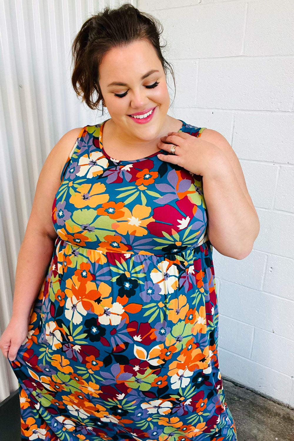 Haptics Teal & Maroon Flat Floral Fit and Flare Sleeveless Maxi Dress