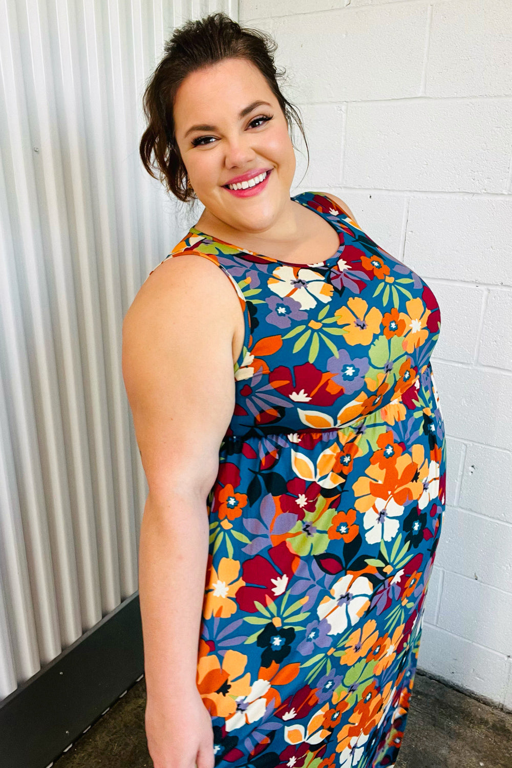 Haptics Teal & Maroon Flat Floral Fit and Flare Sleeveless Maxi Dress