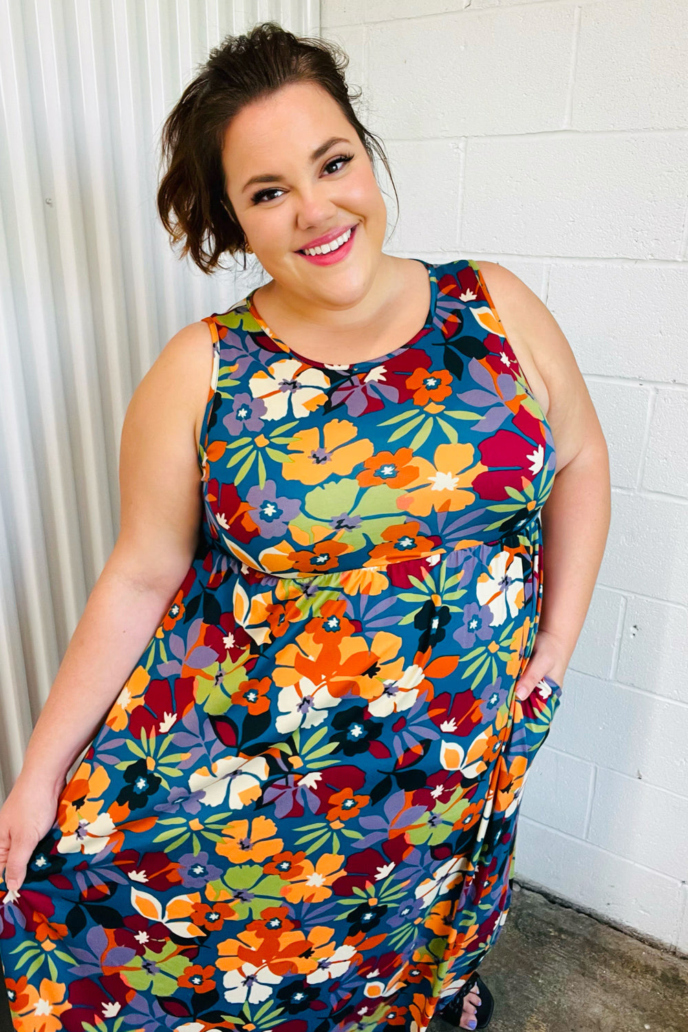 Haptics Teal & Maroon Flat Floral Fit and Flare Sleeveless Maxi Dress