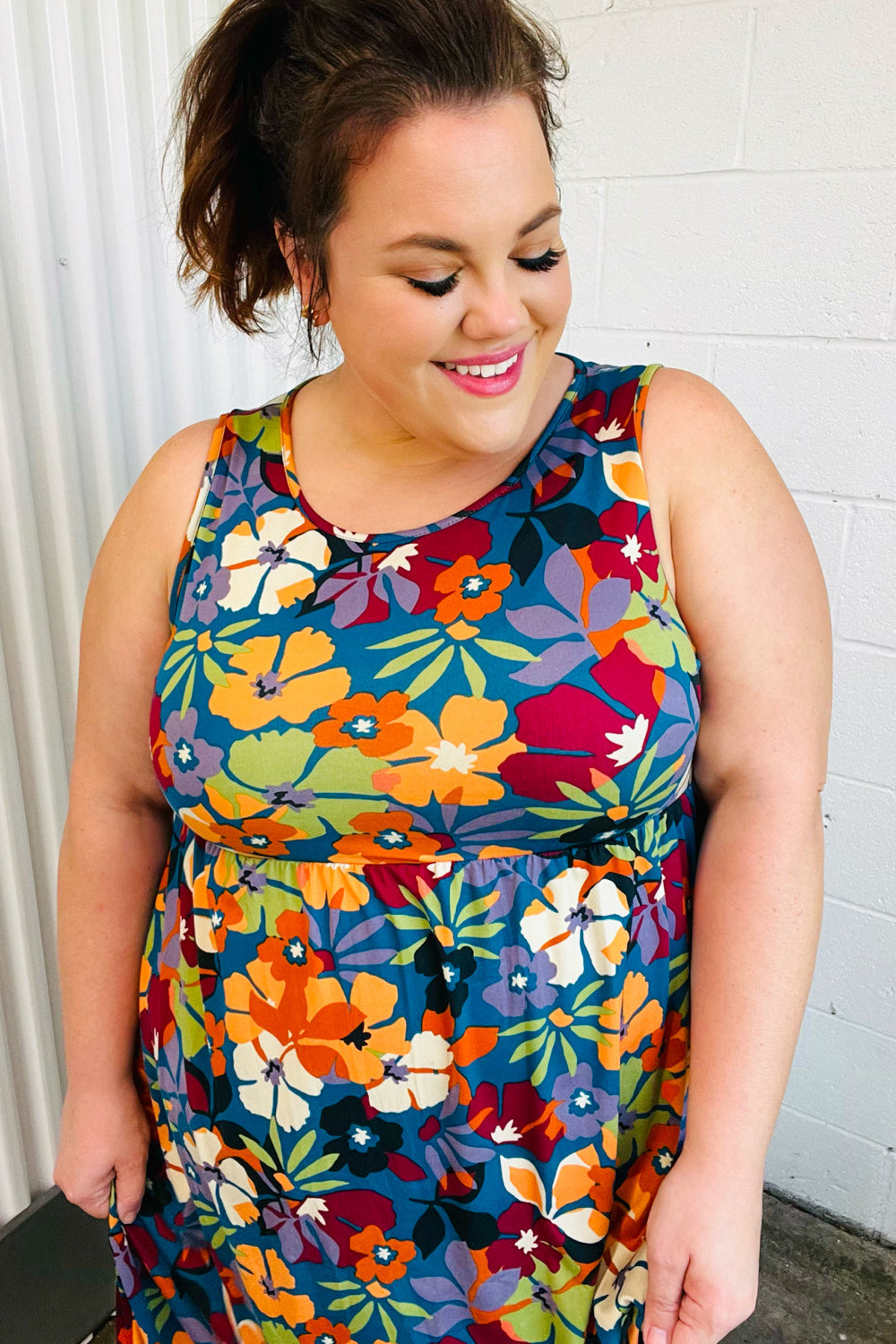 Haptics Teal & Maroon Flat Floral Fit and Flare Sleeveless Maxi Dress