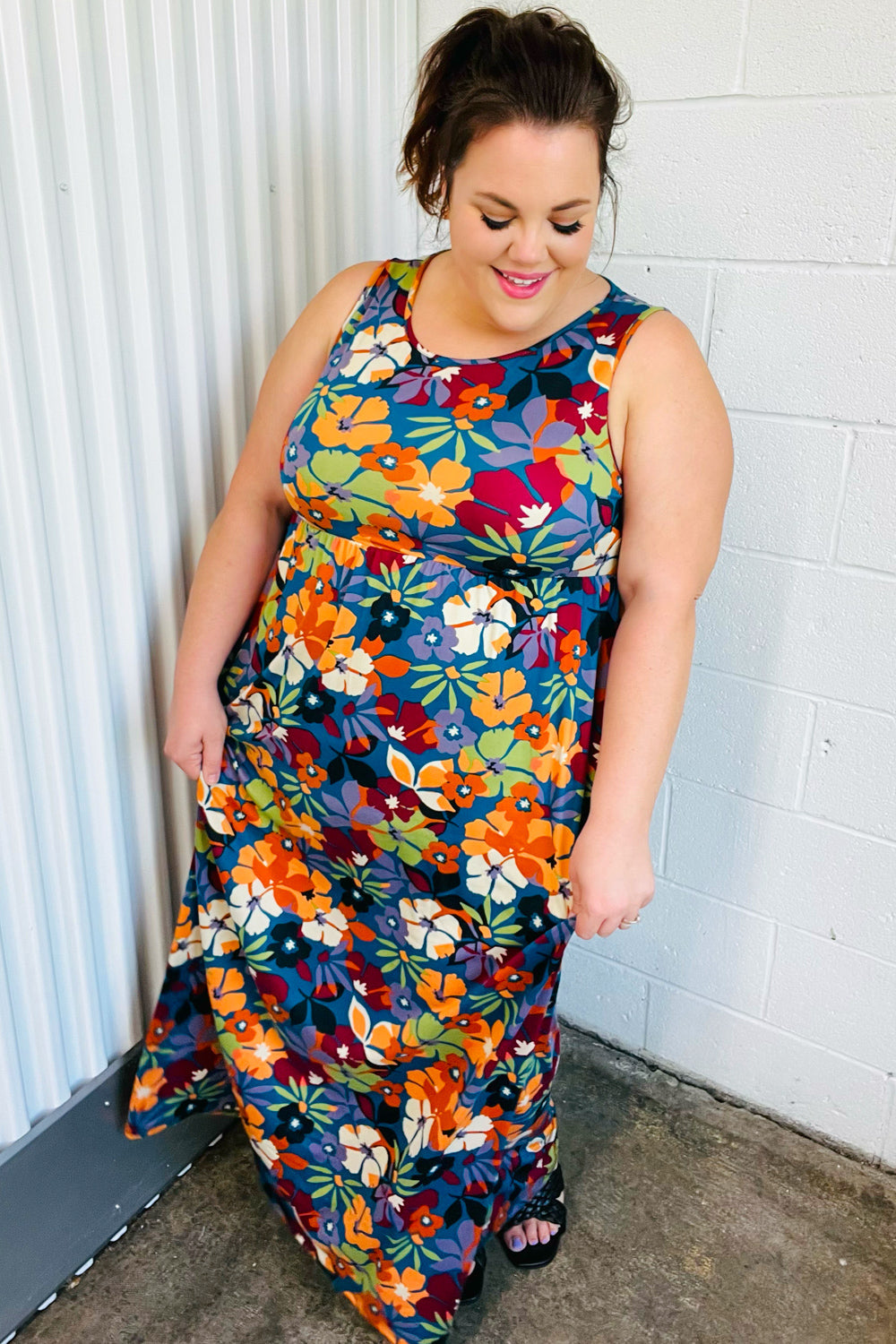 Haptics Teal & Maroon Flat Floral Fit and Flare Sleeveless Maxi Dress