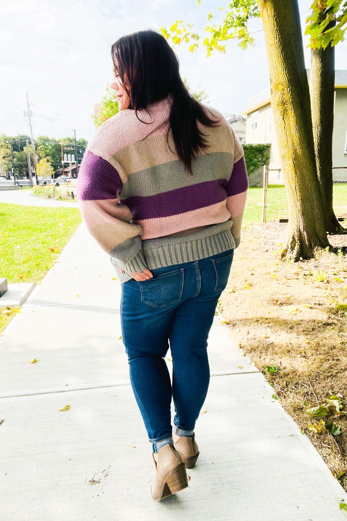 Haptics Mauve Multicolor Stripe Cable Knit Mock Neck Sweater Haptics