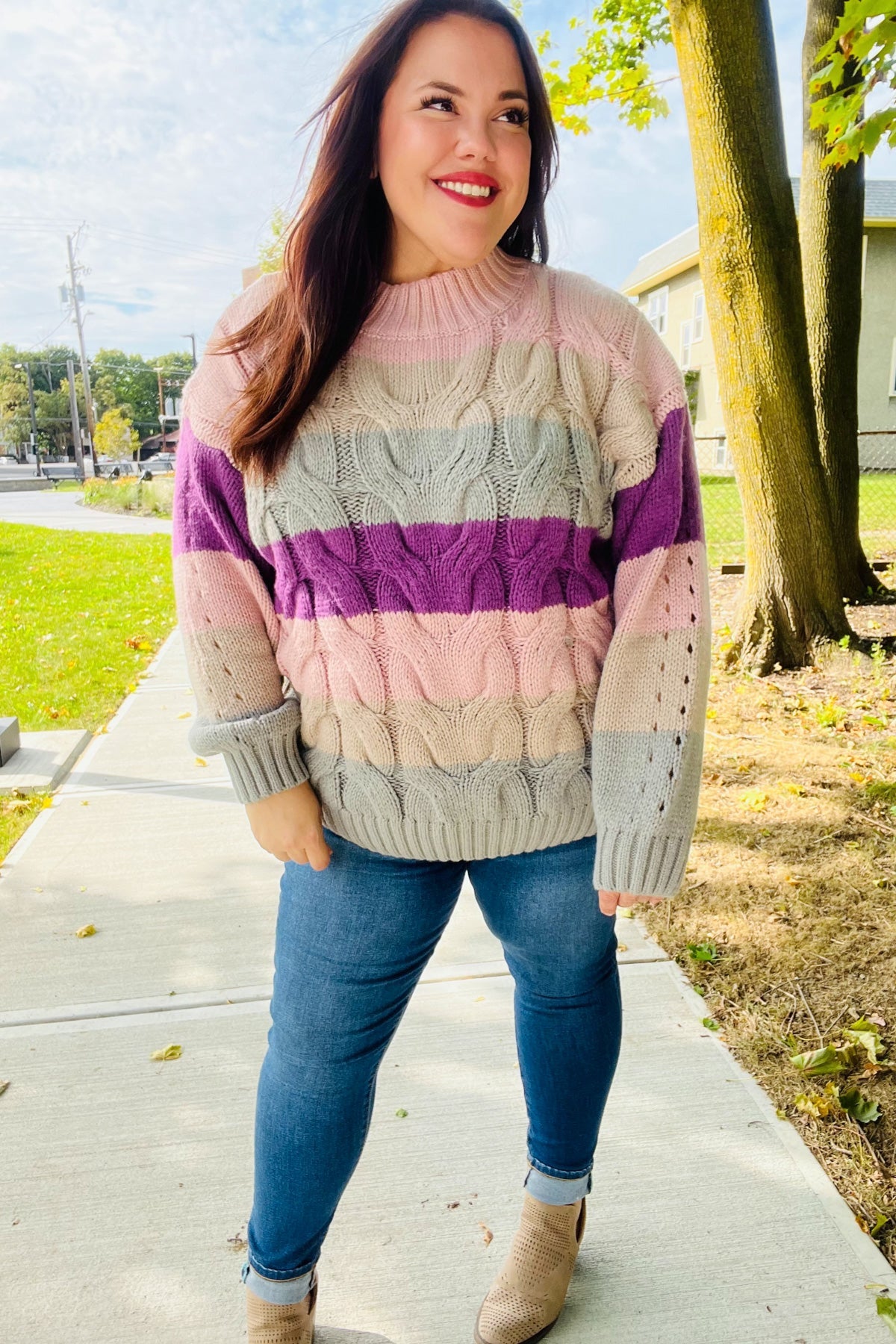 Haptics Mauve Multicolor Stripe Cable Knit Mock Neck Sweater Haptics