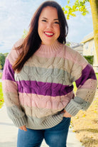 Haptics Mauve Multicolor Stripe Cable Knit Mock Neck Sweater Haptics