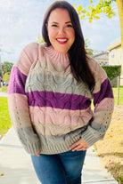 Haptics Mauve Multicolor Stripe Cable Knit Mock Neck Sweater Haptics