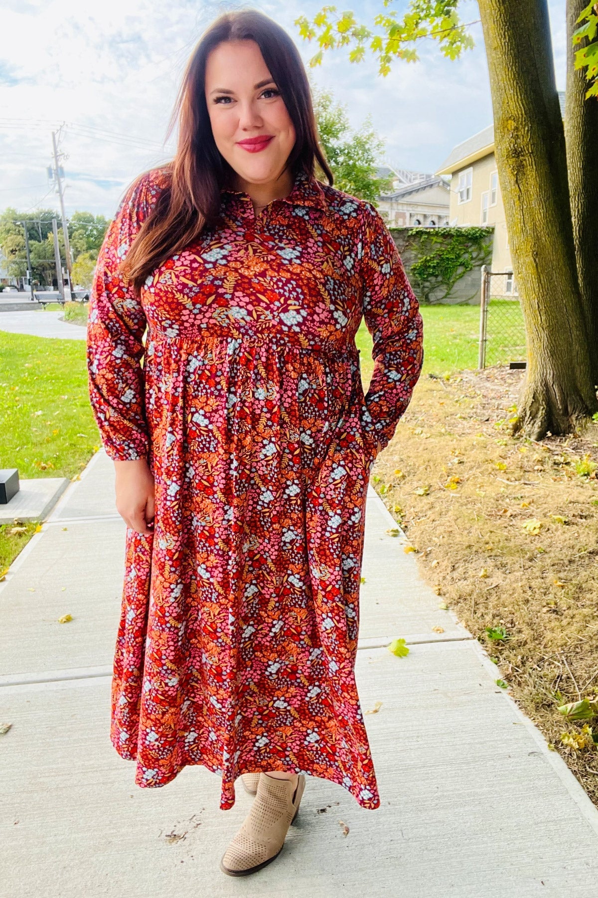 Haptics Casual Living Burgundy Floral Collared Fit & Flare Maxi Dress Haptics