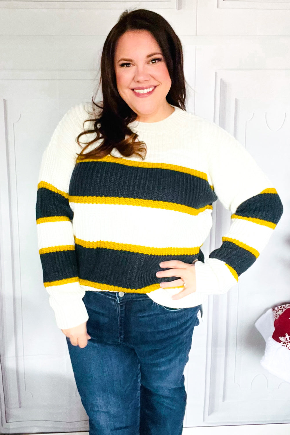 Reborn J PLUS Casual Chic Yellow & Ivory Stripe Oversize Knit Sweater Shirts & Tops