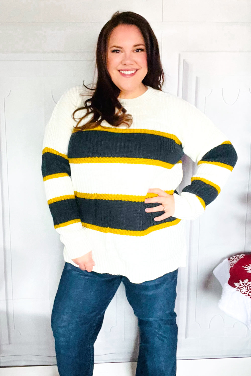 Reborn J PLUS Casual Chic Yellow & Ivory Stripe Oversize Knit Sweater Shirts & Tops