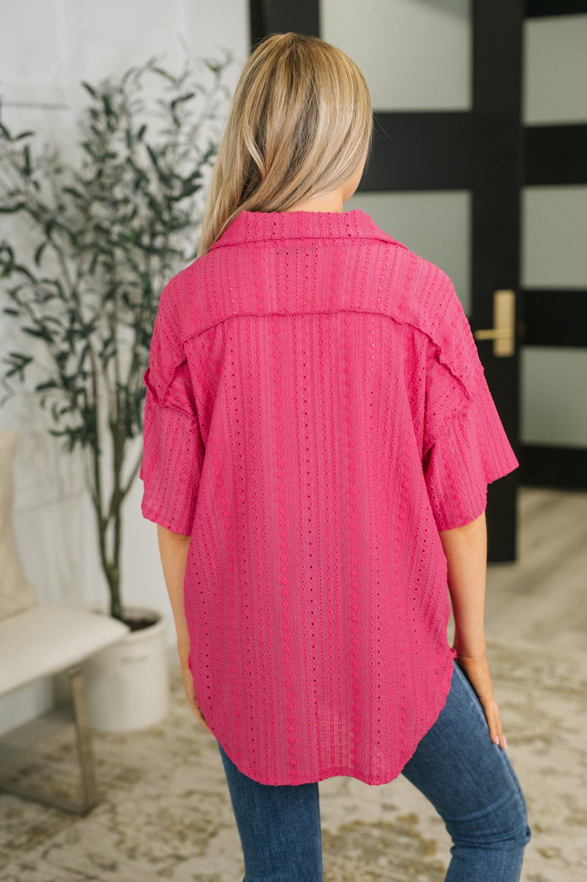 I Mean Business Eyelet Knit Button Down Top Womens