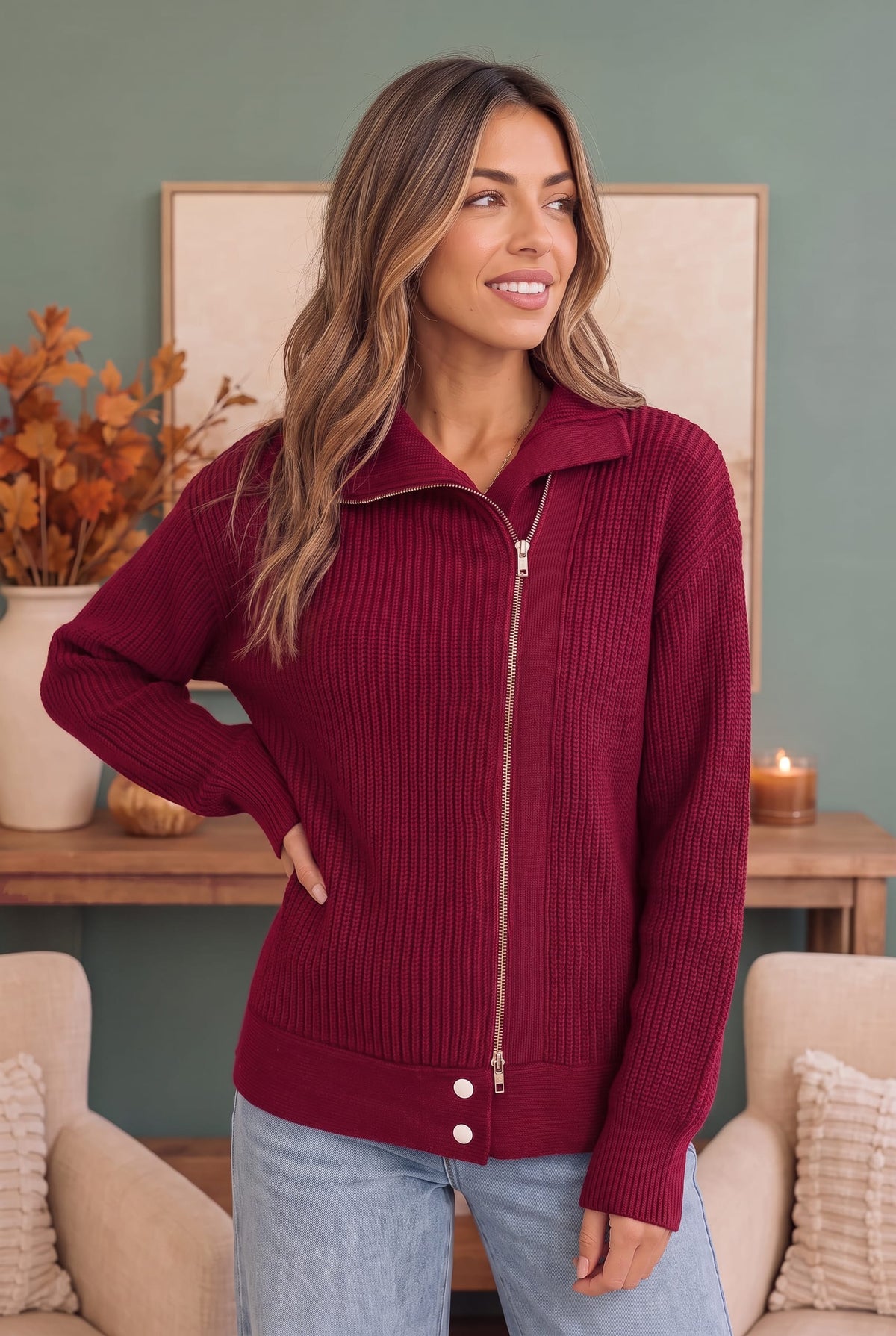 BIBI On Set Zip-Up Ribbed Sweater Moto Jacket in Cranberry
