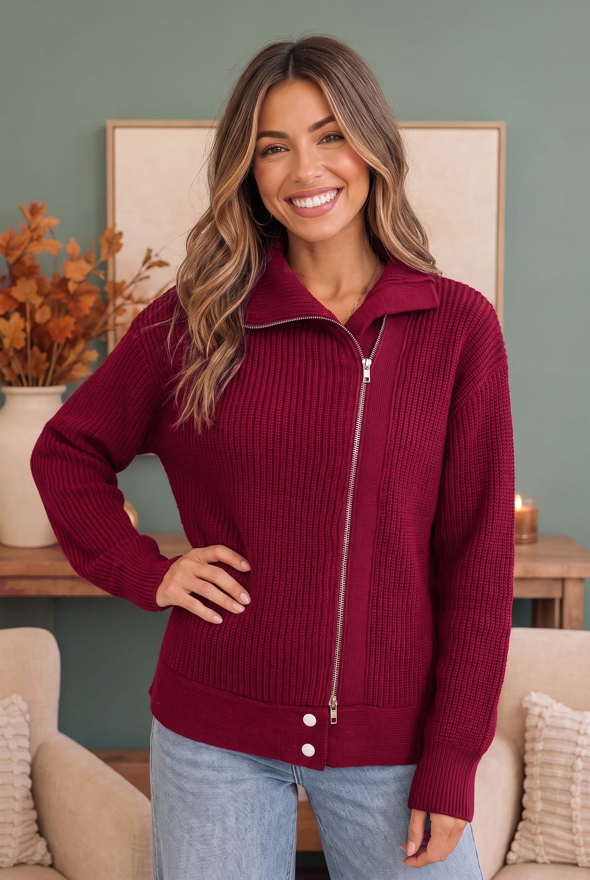 BIBI On Set Zip-Up Ribbed Sweater Moto Jacket in Cranberry