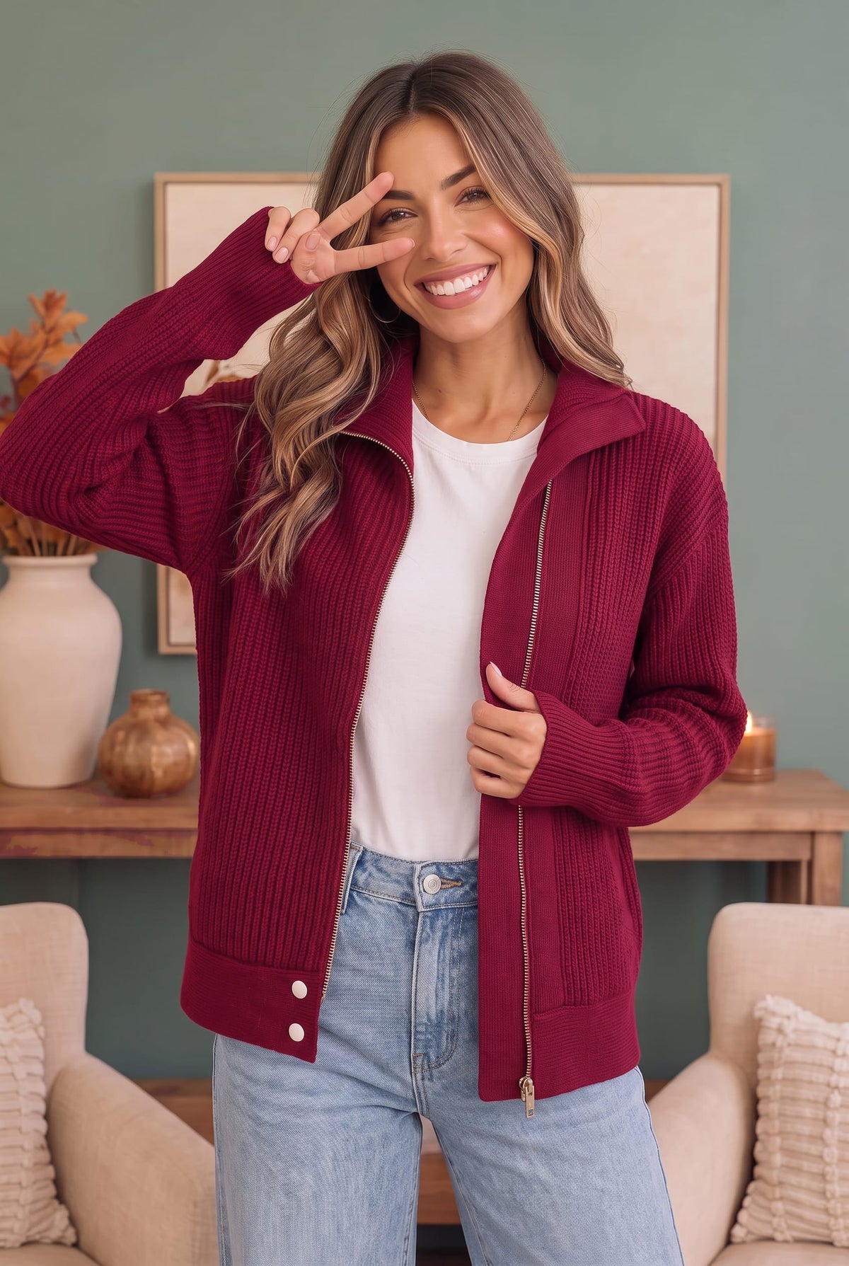 BIBI On Set Zip-Up Ribbed Sweater Moto Jacket in Cranberry