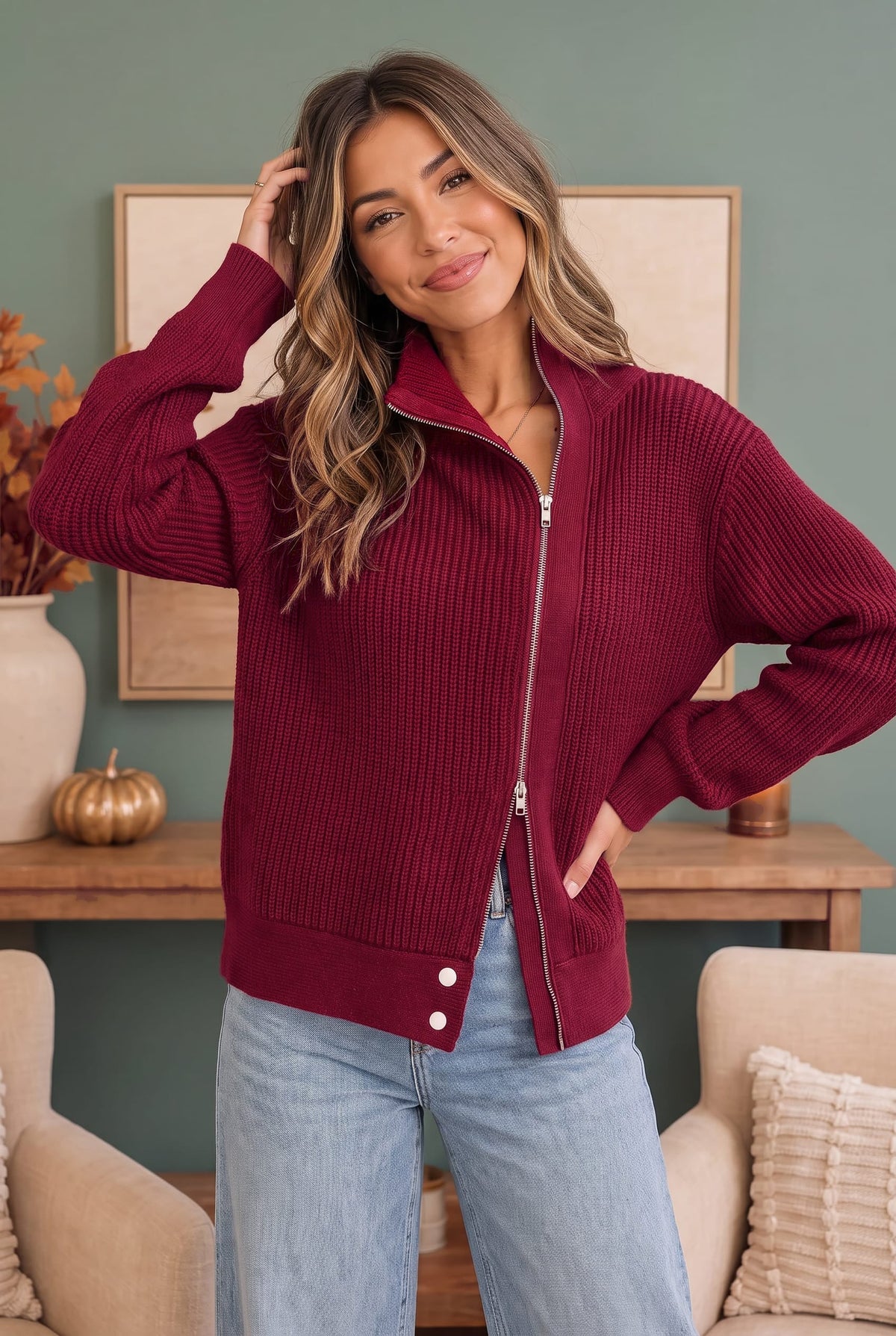 BIBI On Set Zip-Up Ribbed Sweater Moto Jacket in Cranberry