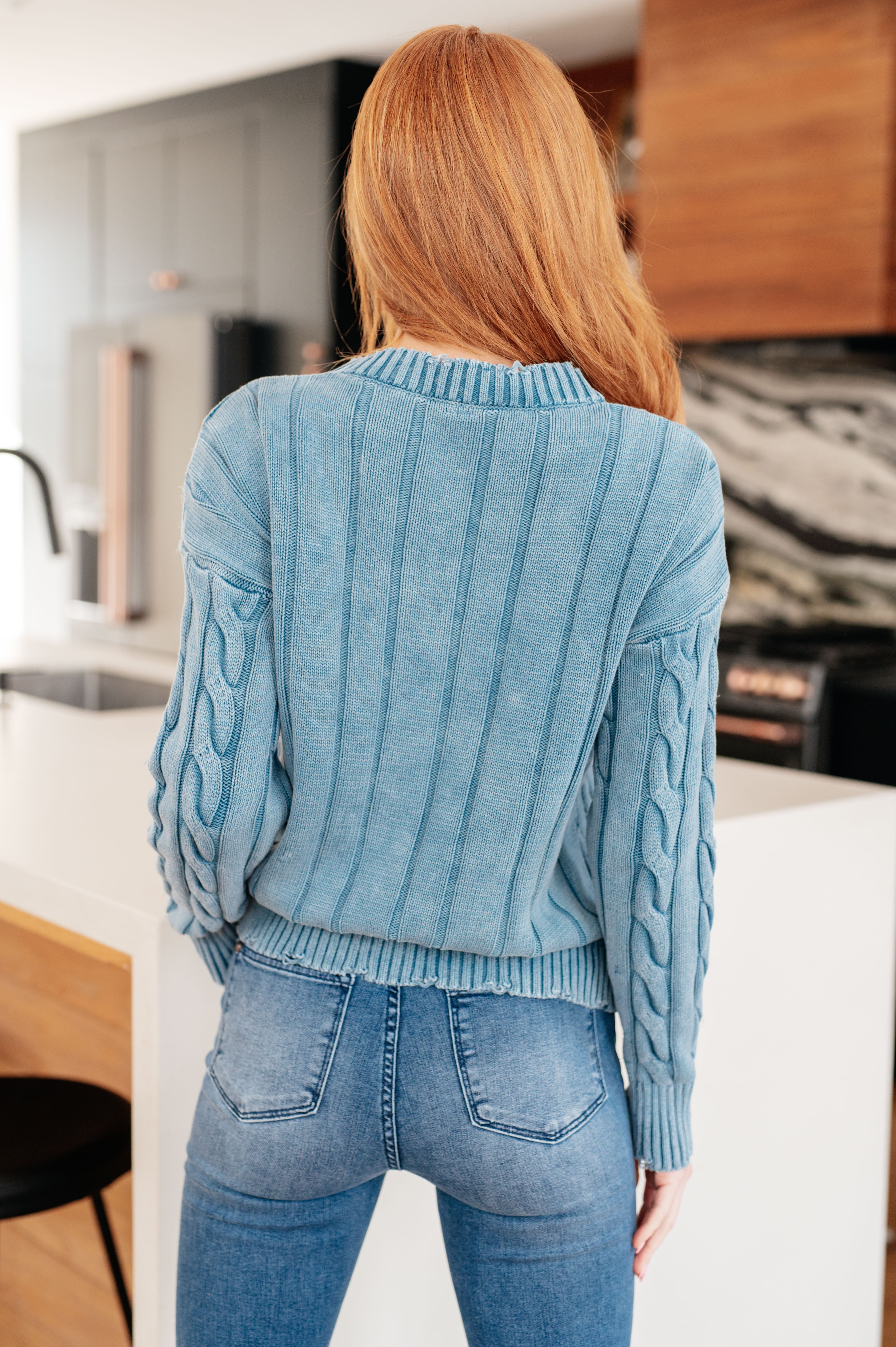 7th Ray In the Right Direction Blue Cable Knit Sweater Tops