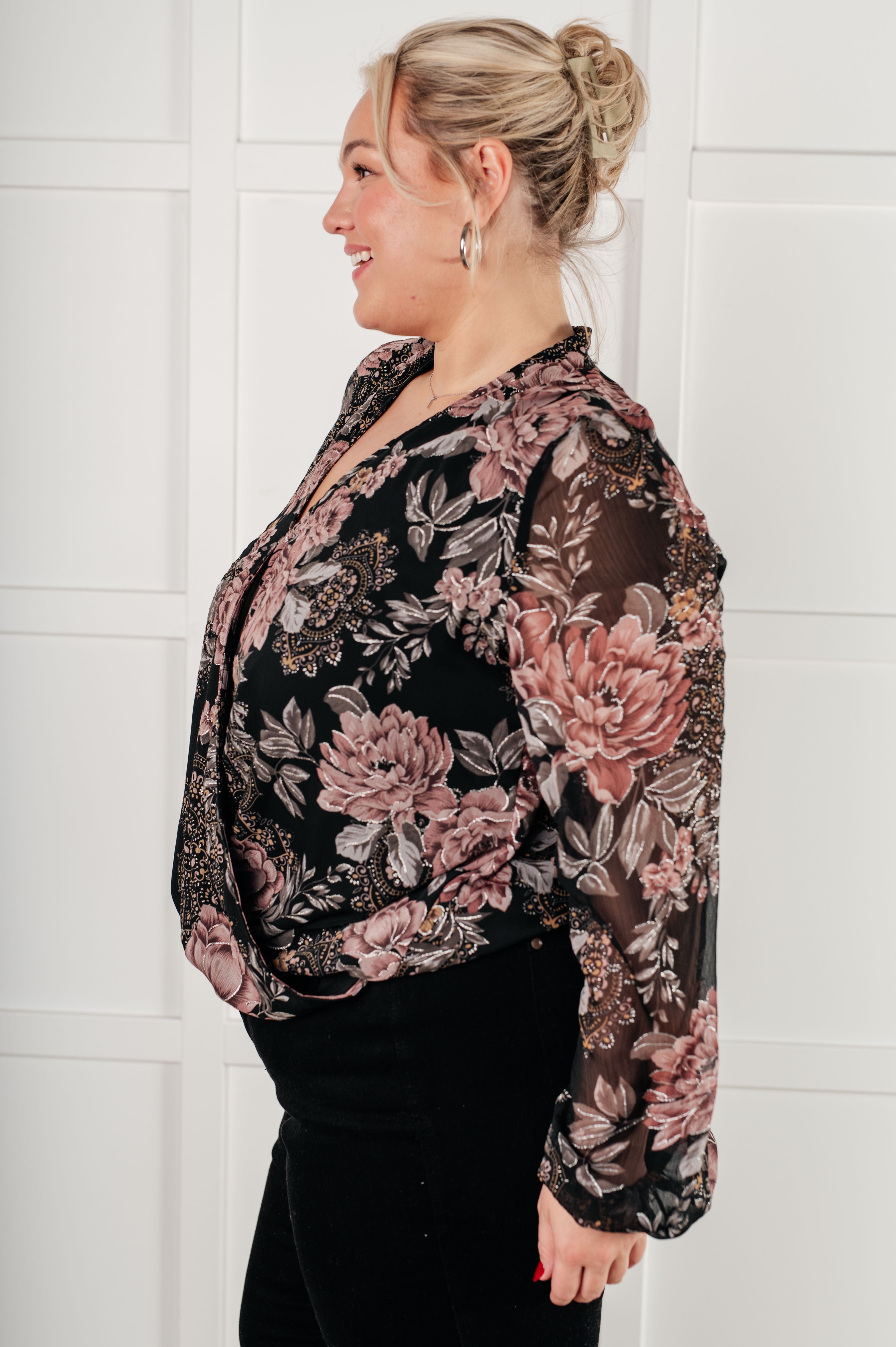 One Eleven North I Wish We Had it All Surplice Floral Blouse Blouses