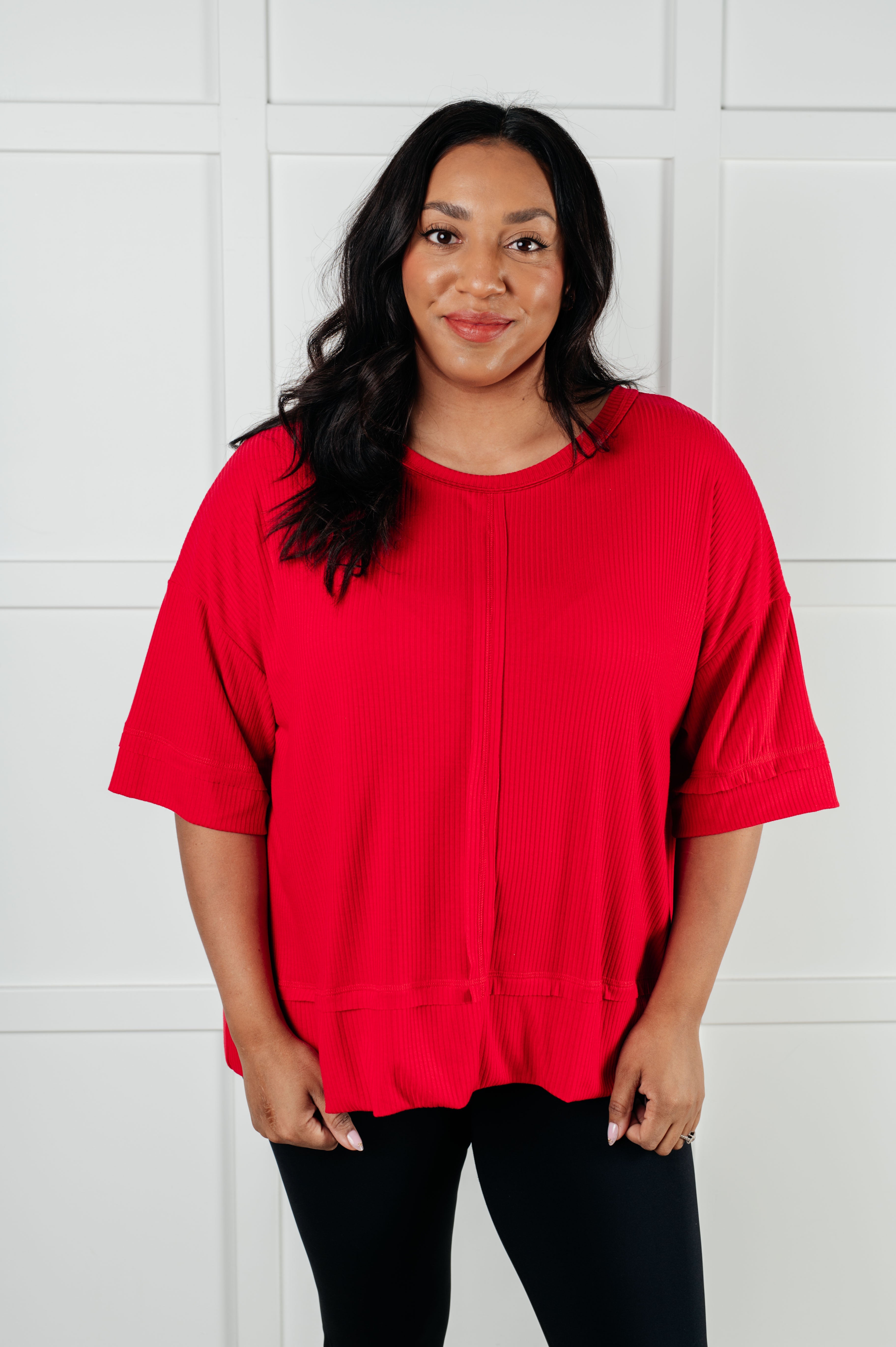 Zenana I'll Never Forget Ribbed Dolman Sleeve Top in Red Tops