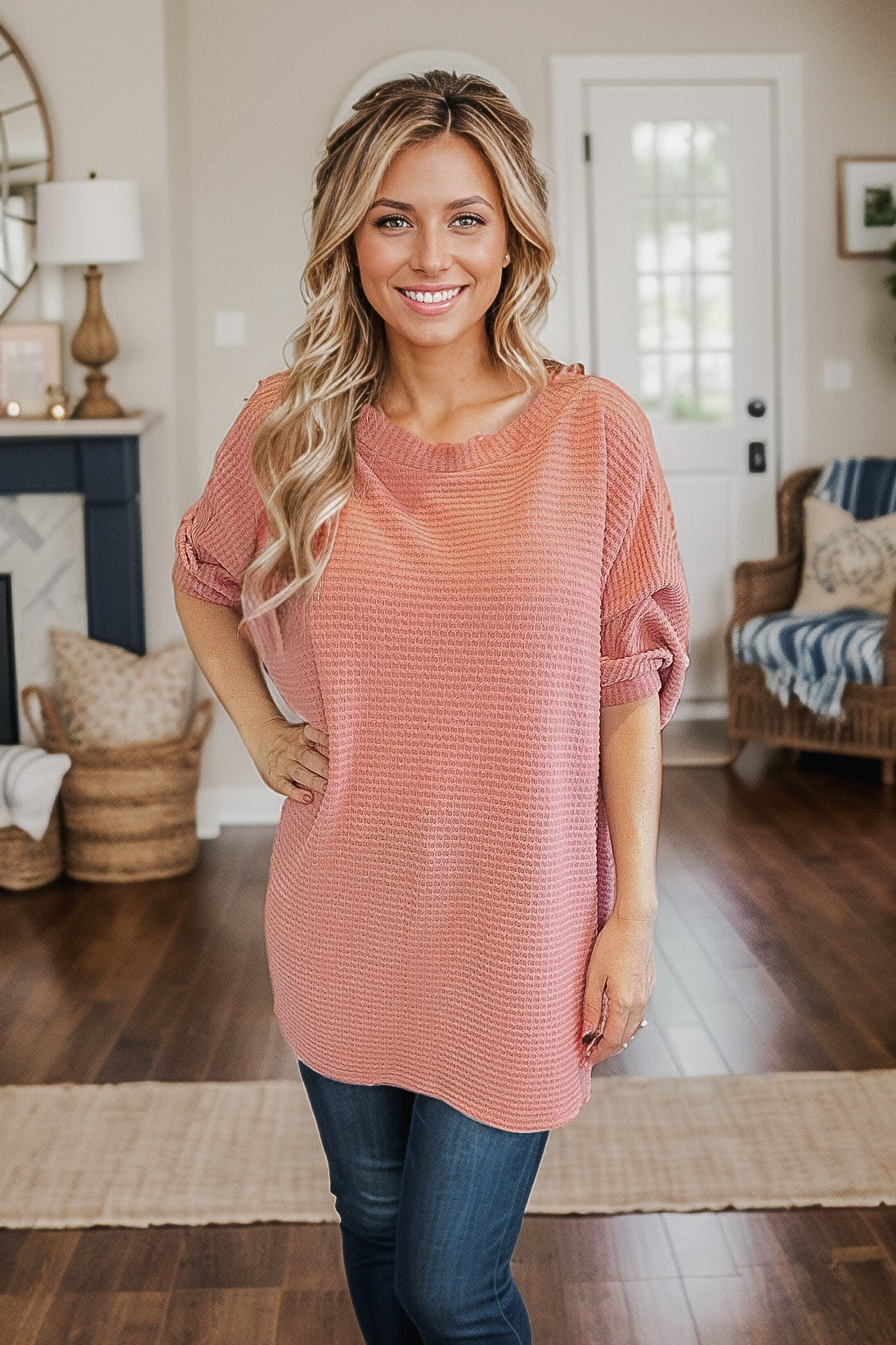 Dear Scarlett I'm Blushing Rose Waffle Knit Dolman