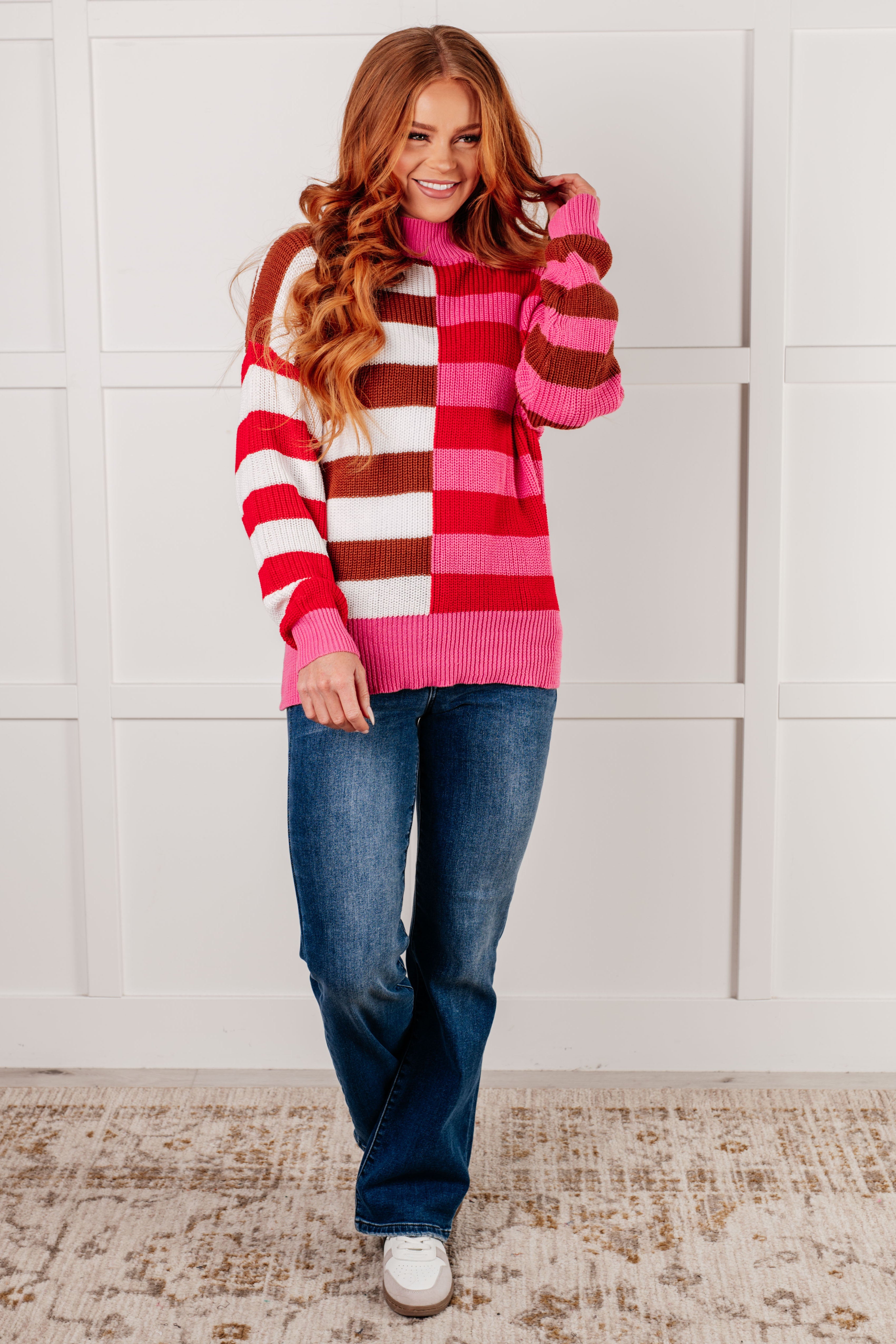 One Eleven North In Your Lane Color Blocked Red Multi Color Stripe Sweater Tops