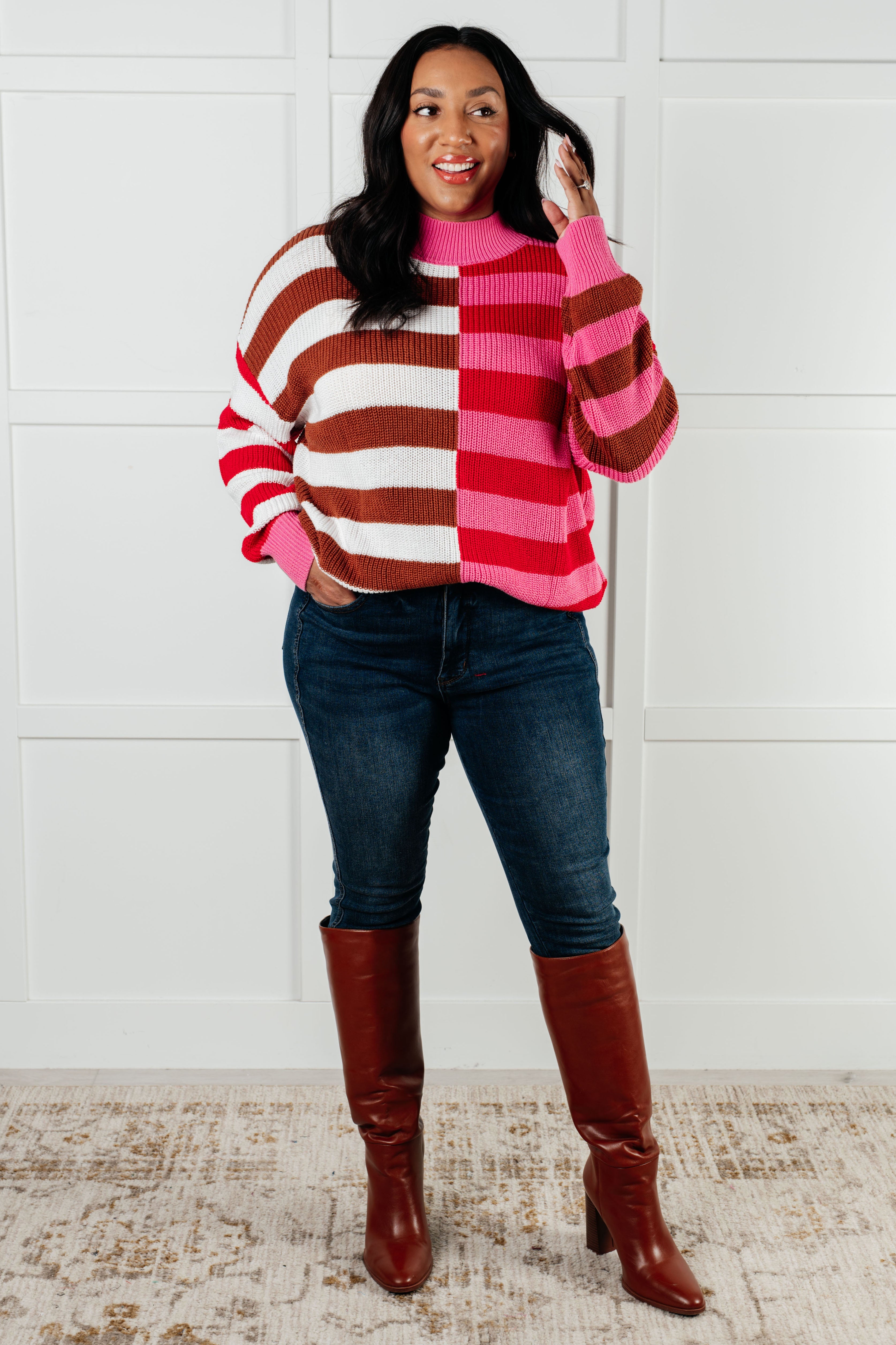 One Eleven North In Your Lane Color Blocked Red Multi Color Stripe Sweater Tops