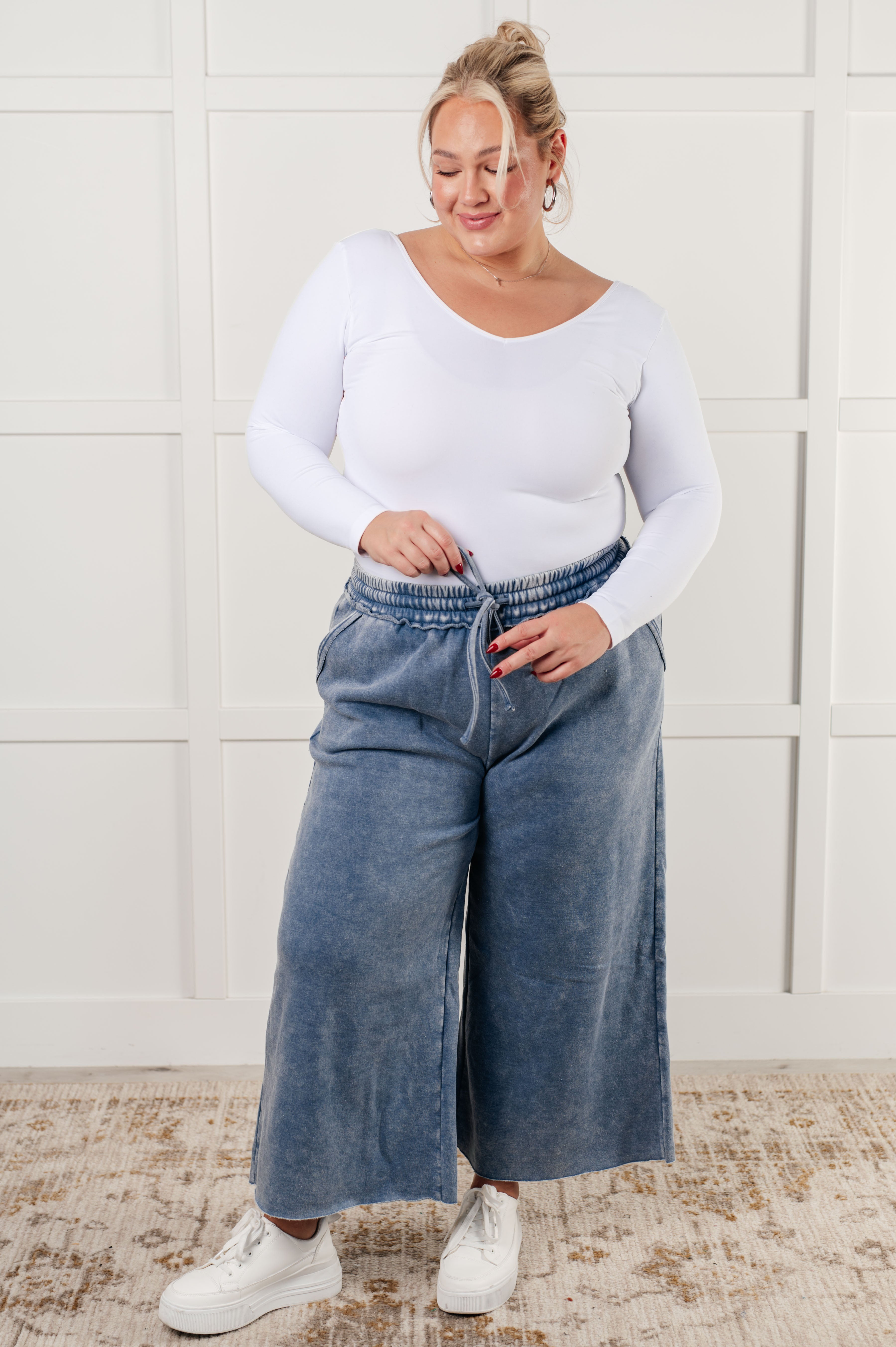 Zenana In or Out Mineral Washed Wide Leg Cropped Pants in Dusty Blue Pants