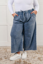 Zenana In or Out Mineral Washed Wide Leg Cropped Pants in Dusty Blue Pants