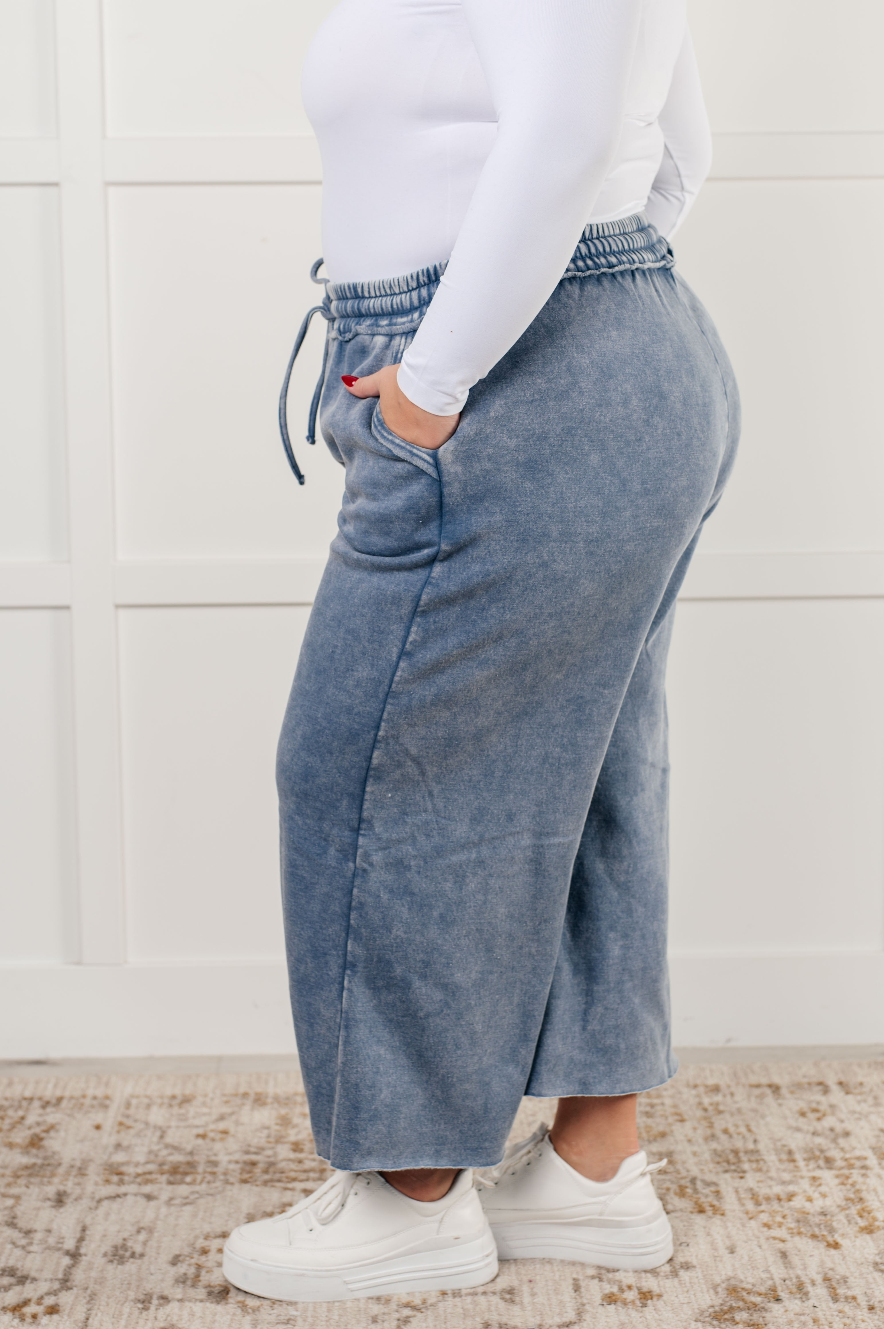 Zenana In or Out Mineral Washed Wide Leg Cropped Pants in Dusty Blue Pants