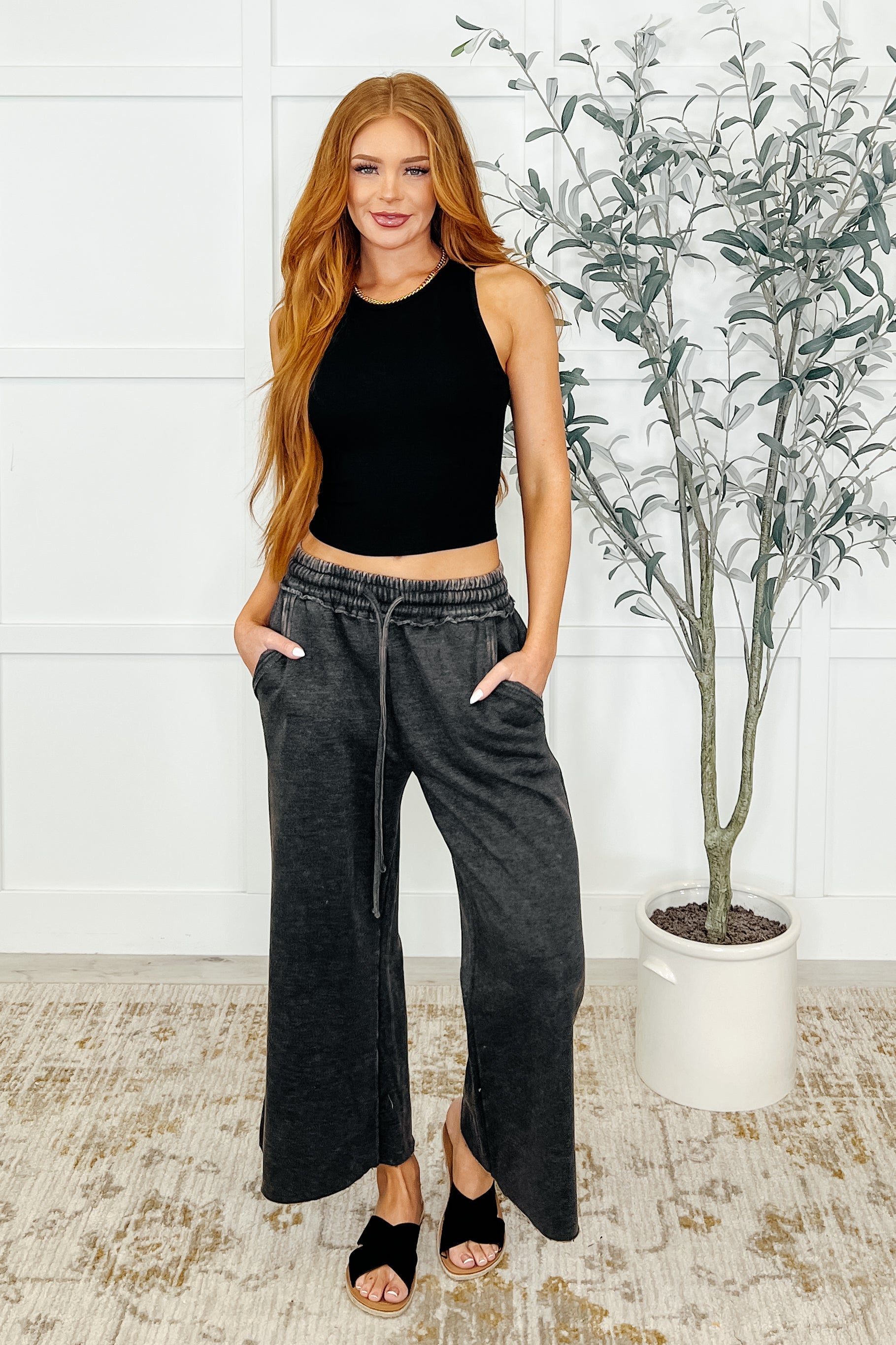 Zenana In or Out Wide Leg Cropped Pants Ash Black Womens