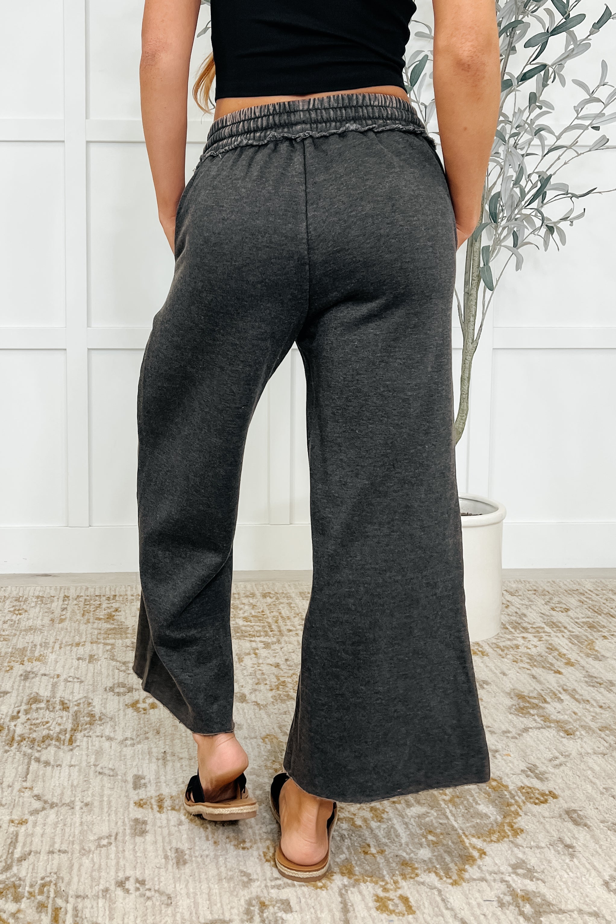Zenana In or Out Wide Leg Cropped Pants Ash Black Womens