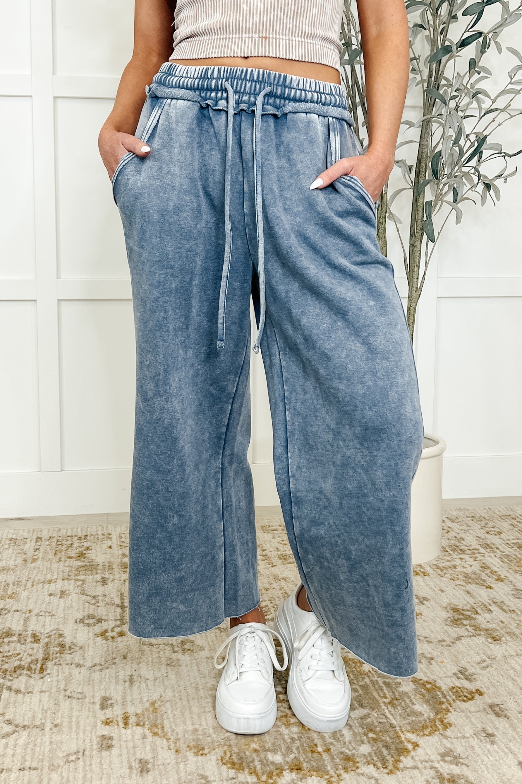 Zenana In or Out Wide Leg Cropped Pants Blue Grey Womens