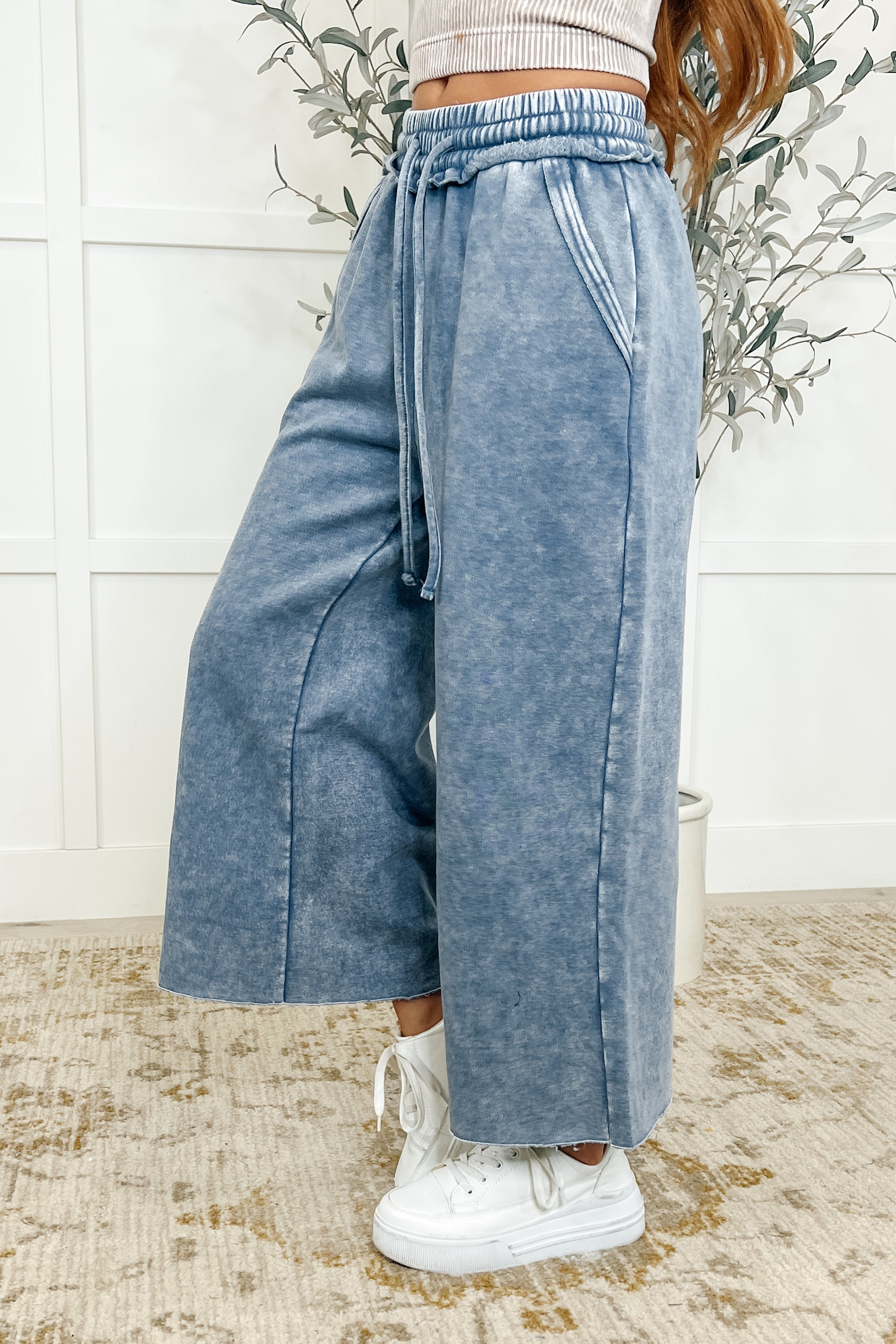 Zenana In or Out Wide Leg Cropped Pants Blue Grey Womens